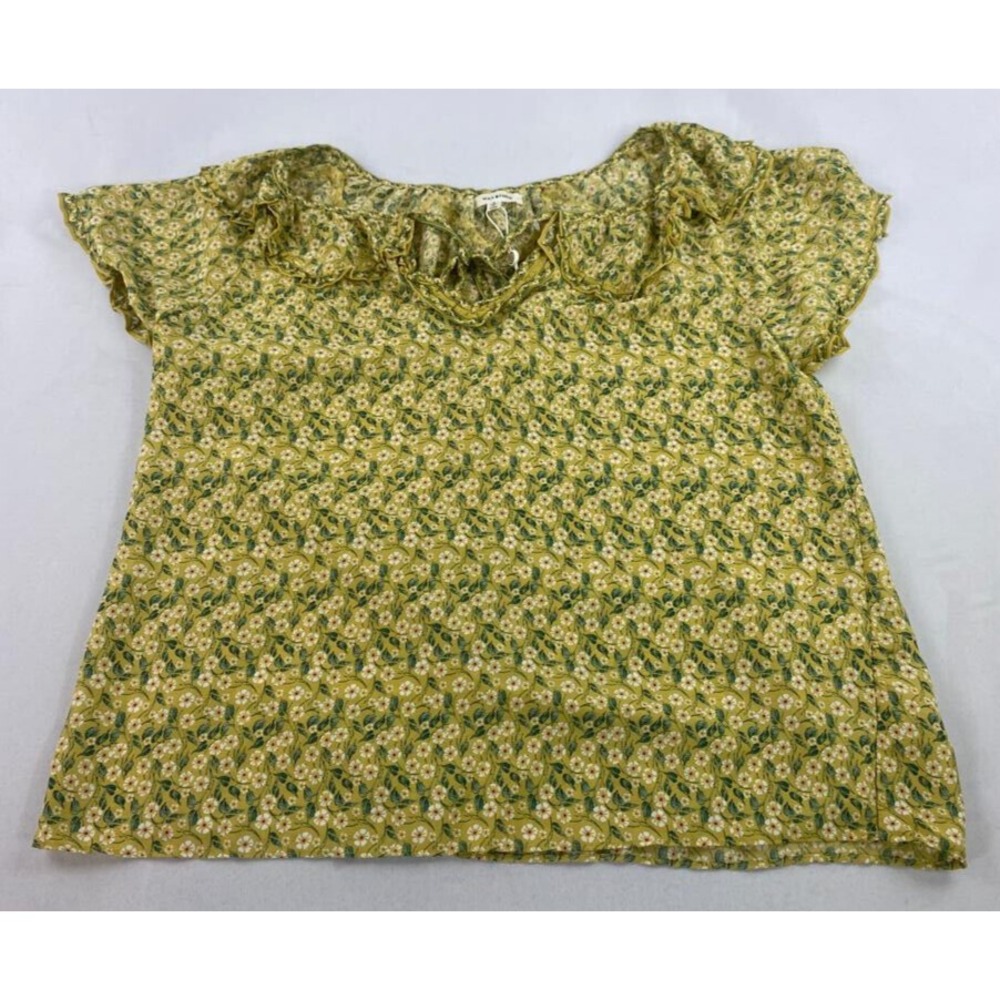 Max Studio Women Green Floral Blouse Ruffle Neck Top 1712D70 Size S